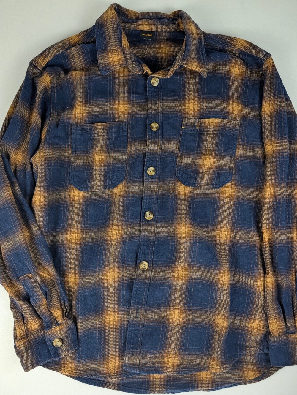 Brahma Men's Large Blue and Gold Plaid Button-Up Shirt Large